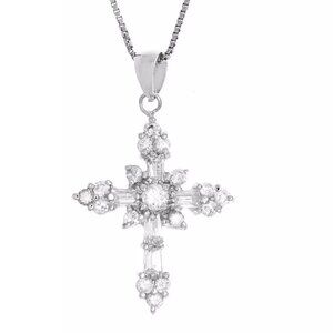 Ladies Sterling Silver 16 Inch Cubic Zirconia 20mm Cross Necklace